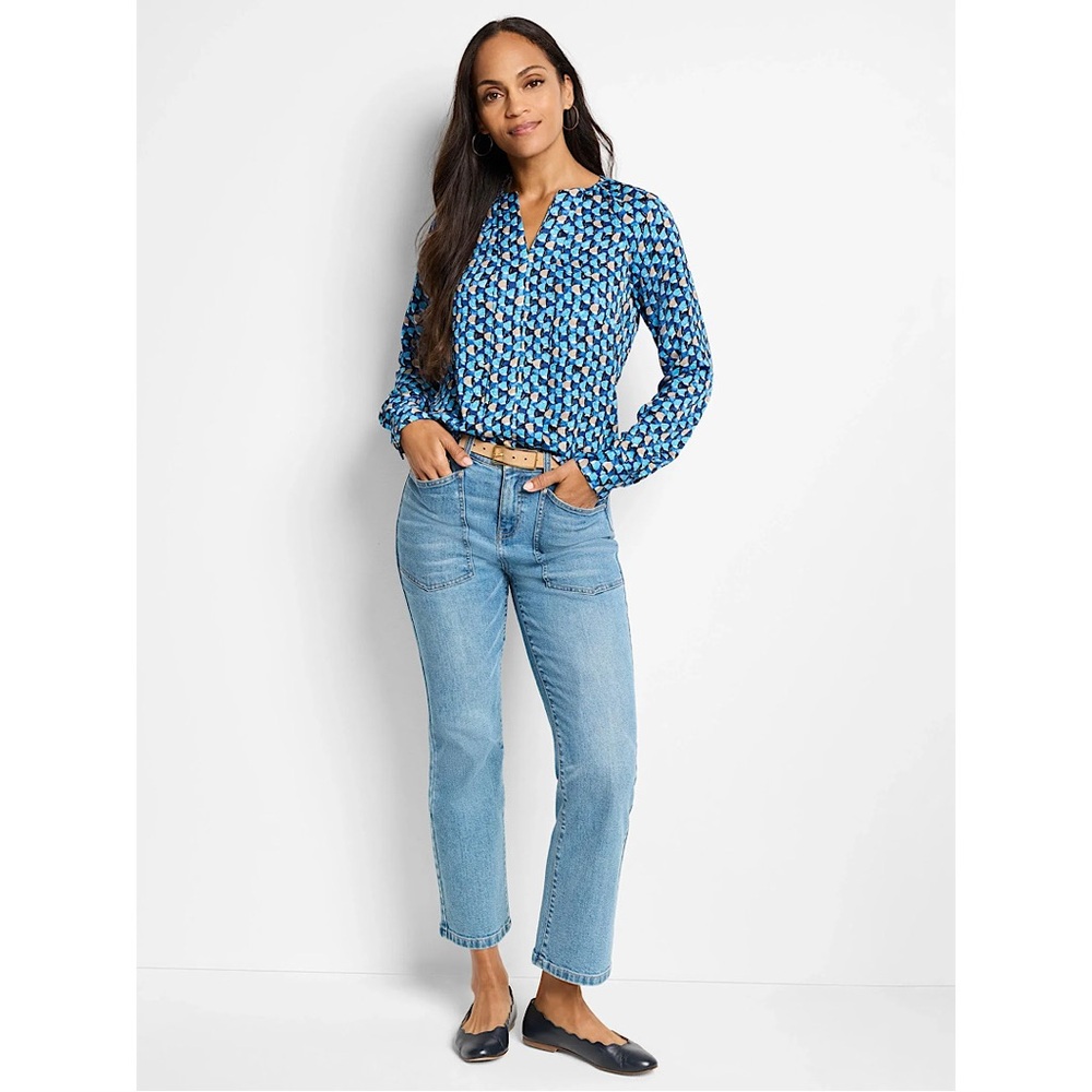 NIC+ZOE Blue Geometric Print Long-Sleeve Blouse